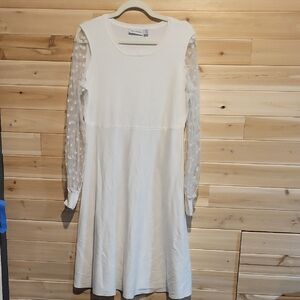 Nina Leonard Sweater Dress with Sheer Polka Dot Sleeves